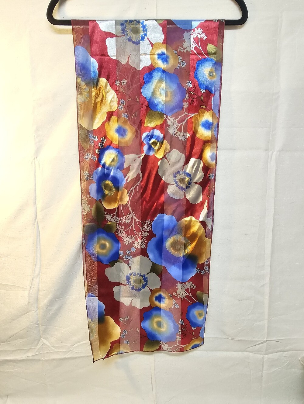 Floral Sheer Red Scarf with Blue & Yellow Blooms Made In Korea